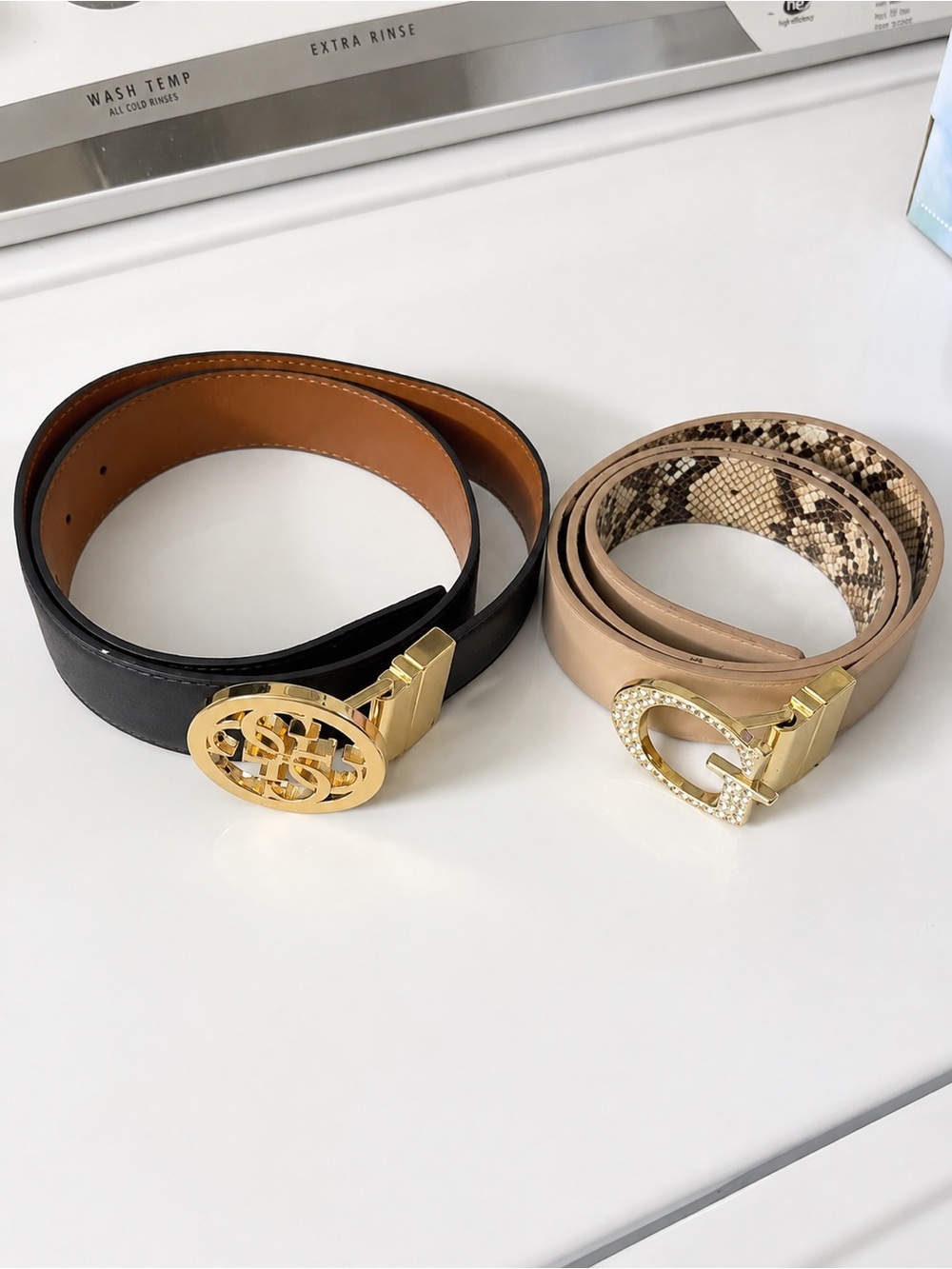 Guess Women's Black Logo Belt & Beige Snake-Print Belt with Gold Buckles